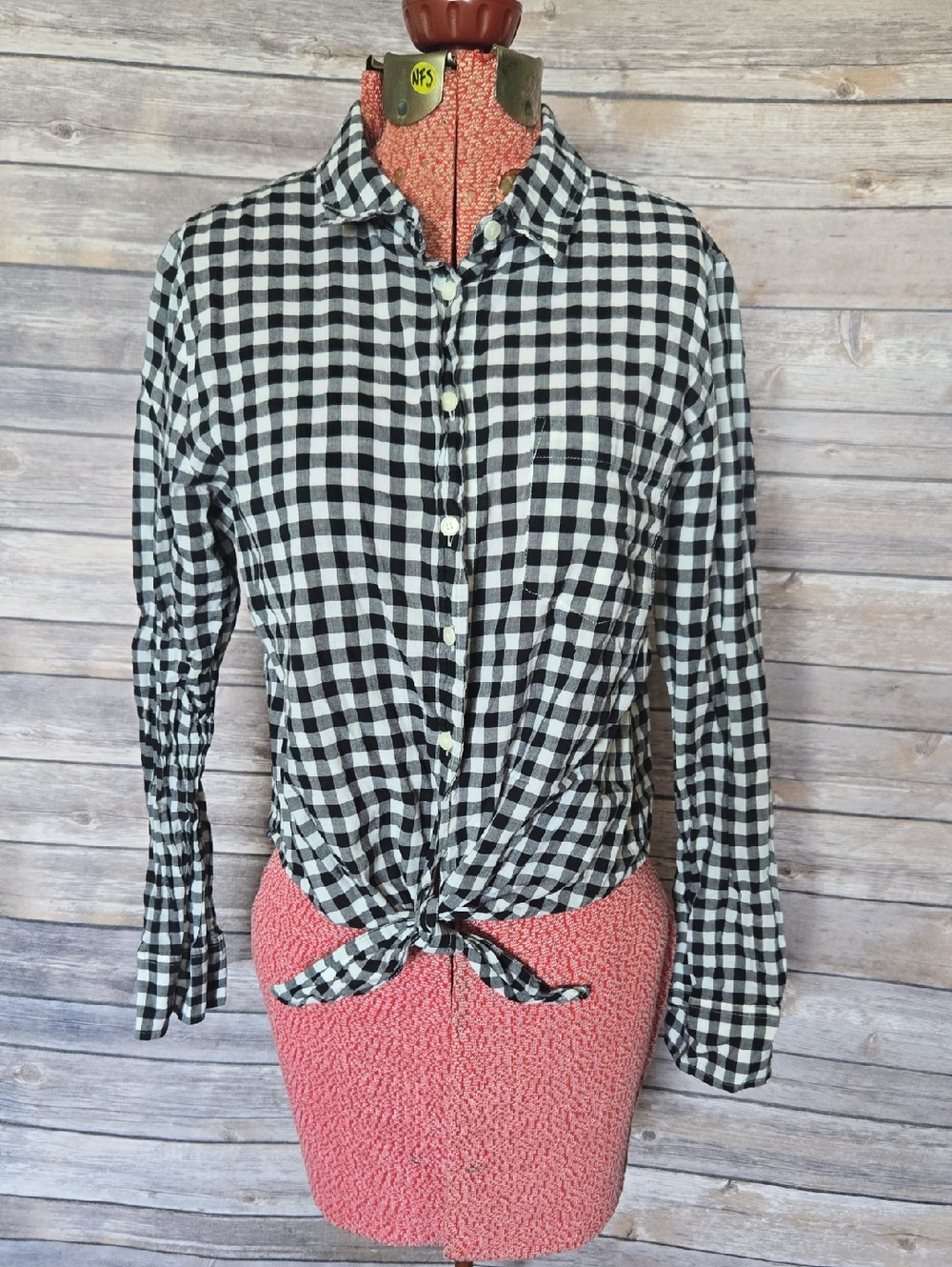 J. Crew Black and White Gingham Tie-Front Button-Down Shirt